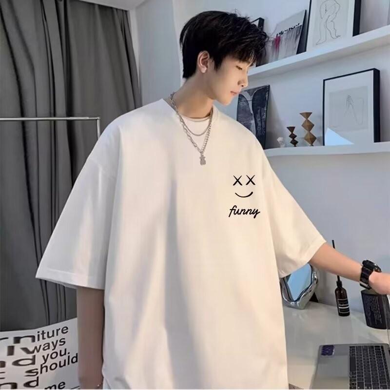 Japanese Style Original Minimalist Smiley Face Printed Casual Loose T-shirt M-8XL Top For Men