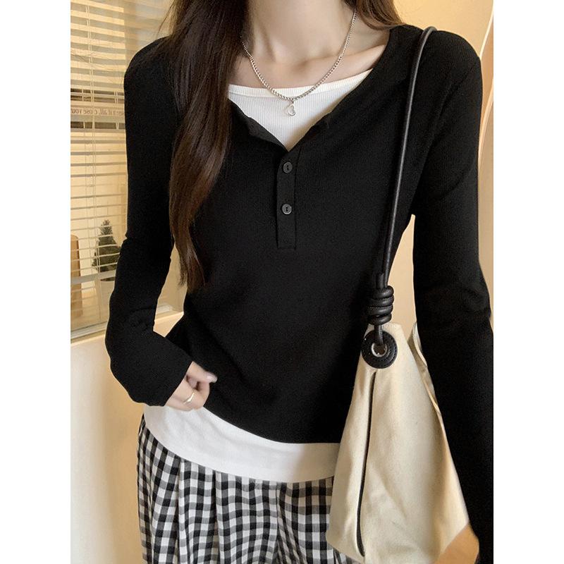 Fake Two-piece Contrasting Color Long-sleeved Women's T-shirt for Autumn, Slim Fit Waist, Slimming, Exquisite and Beautiful Bottoming Shirt Top
