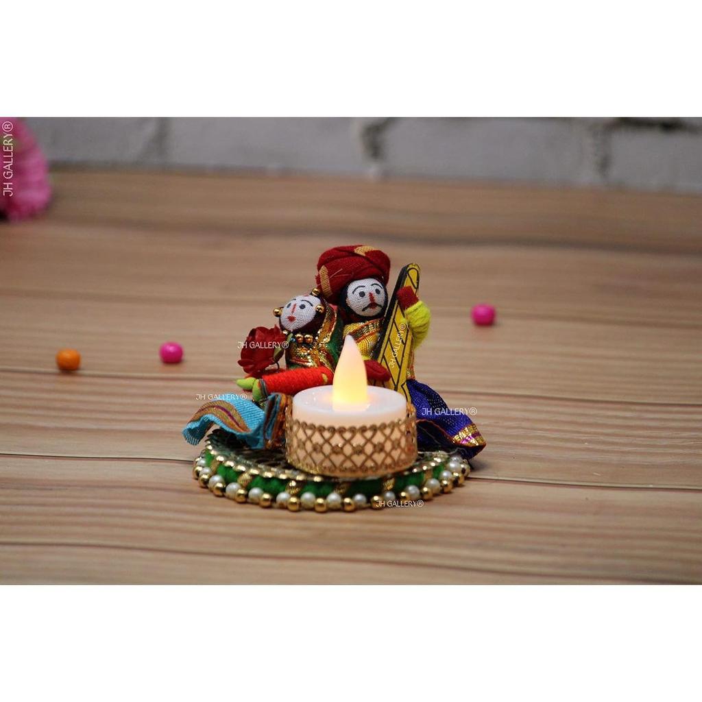 Recycled Material Rajasthani Raja Rani Puppet/Dolls Decorative Tealight Candle Holder (Pack of 2)