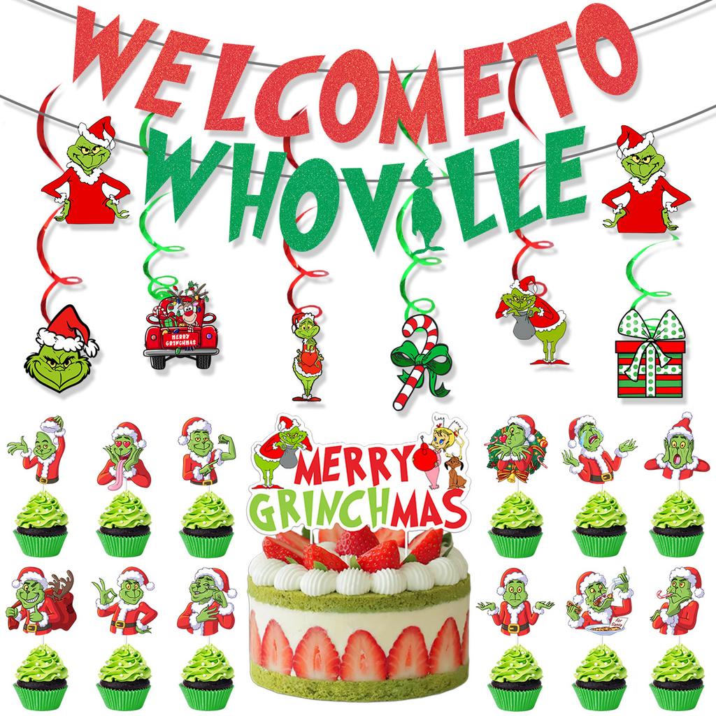 Christmas Grinch Theme Decorative Letter Flag Latte Flower Spiral Pendant Set Customization