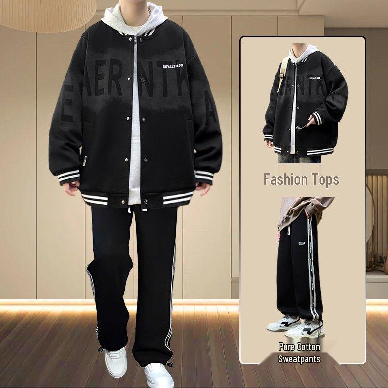 Men's Spring/Fall American Baseball Jacket: Trendy Hong Kong Style for Teens with Round Neck and Stylish Print