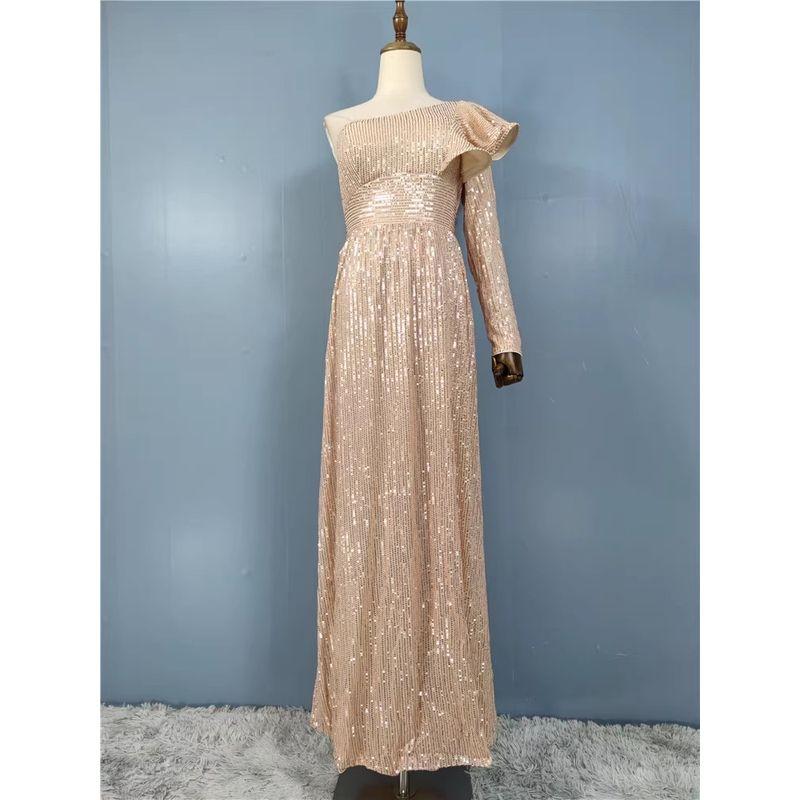 

One Shoulder Diagonal Collar Long Sleeves Niche Style Party Chest Pad Sequin Champagne M