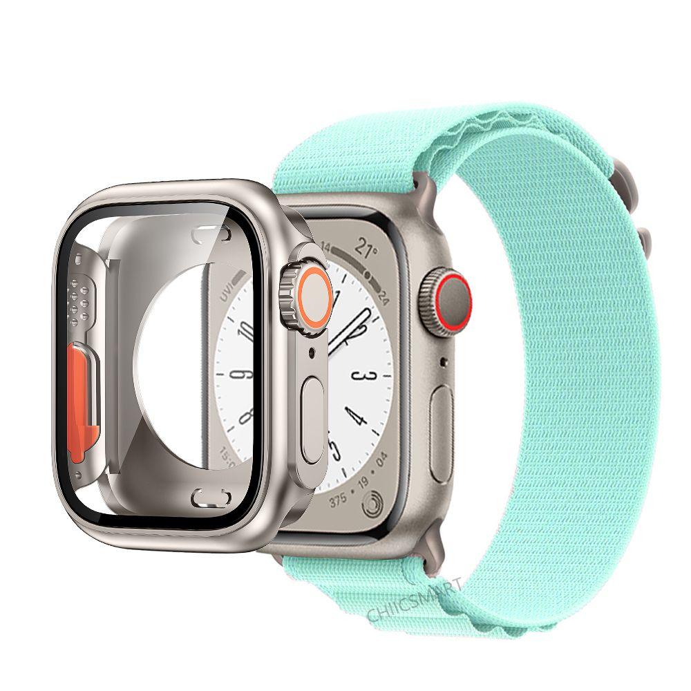 Correa de nailon con cubierta de vidrio para Apple Watch, carcasa de 44mm, 45mm, 40mm y 41mm, Protector de pantalla con correa, IWatch Series 56 Se 7 8, giro a Ultra