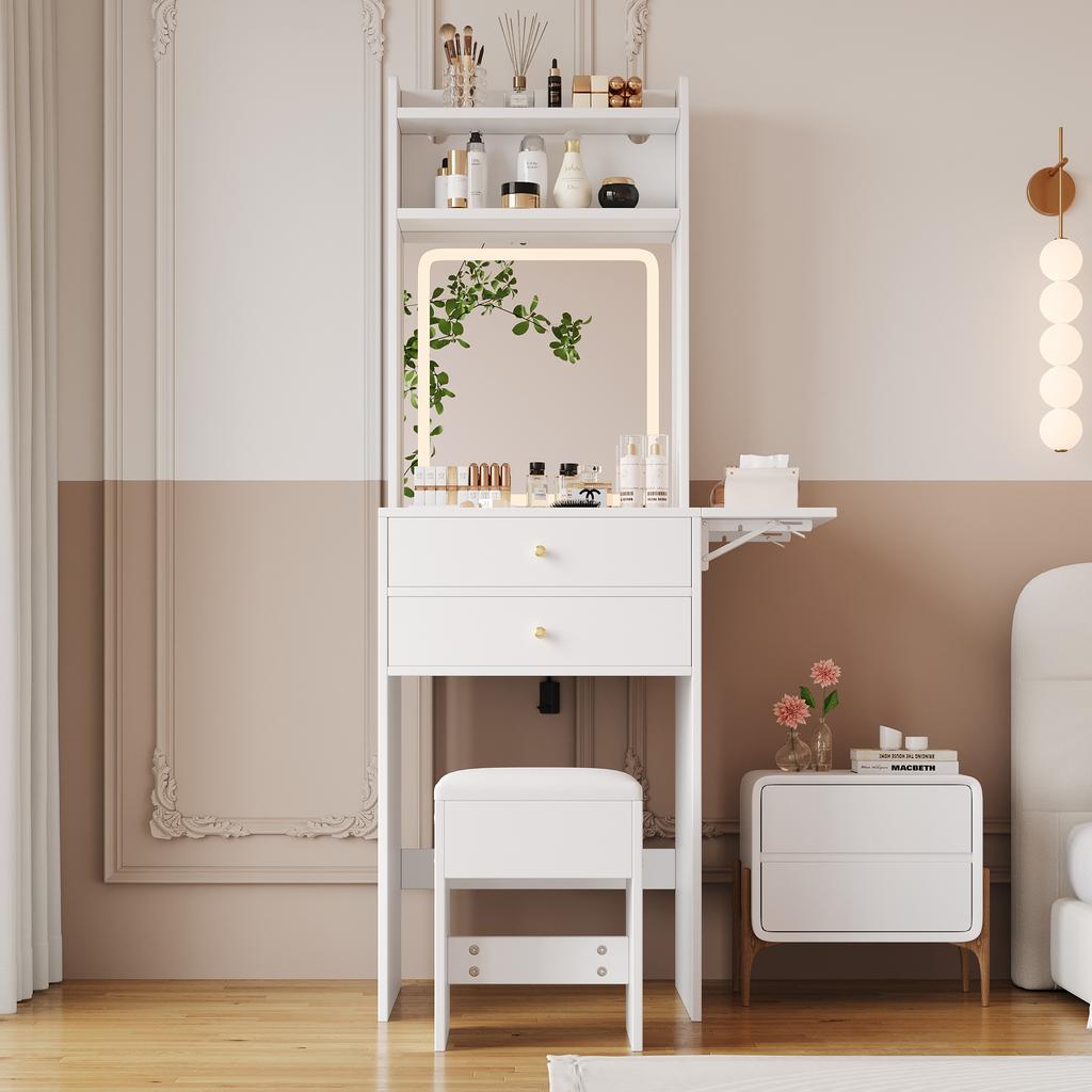 Small vanity table with adjustable LED lighting, incl. 1 stool, 2 drawers, two open compartments with 25cm foldable table top, White, 75x156x45 cm