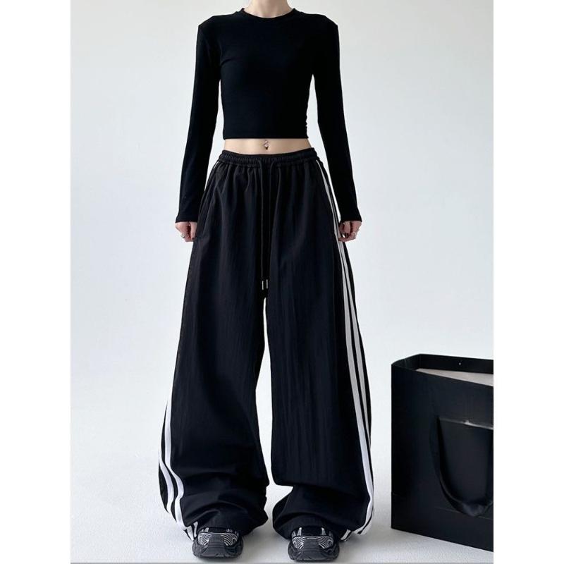 Pantaloni larghi Hip Hop oversize Moda Donna Tasca a righe Vita alta elasticizzata Pantaloni cargo Streetwear Pantaloni della tuta Larghi Nuovi Pantaloni