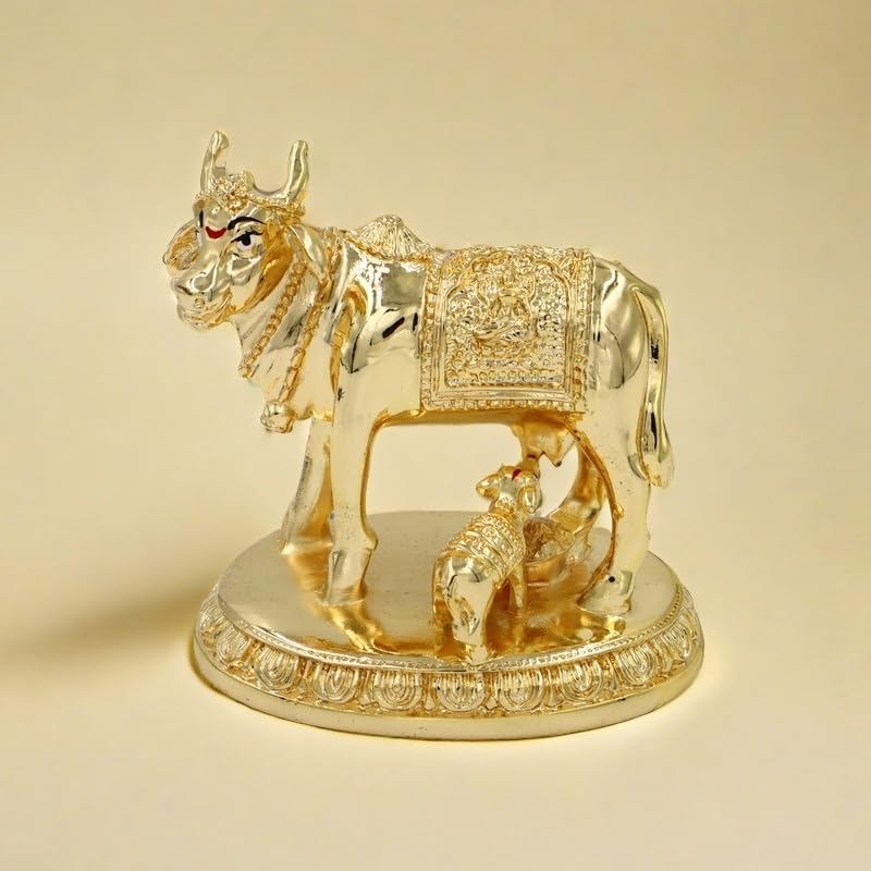 Krishna Kamdhenu Cow With Calf & Krishna Brass Like Metal Showpiece, Gold Idol