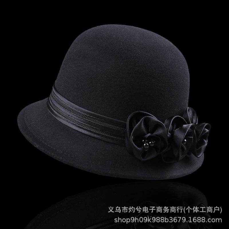 New Hepburn style retro rose flower French elegant dome top hat women's autumn and winter outdoor washbasin hat