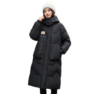 Winter Women Cotton Jacket Detachable Hood Neck Protection Long Sleeves Pockets Knee Length Zipper Closure Padded Coat Solid Color Windproof