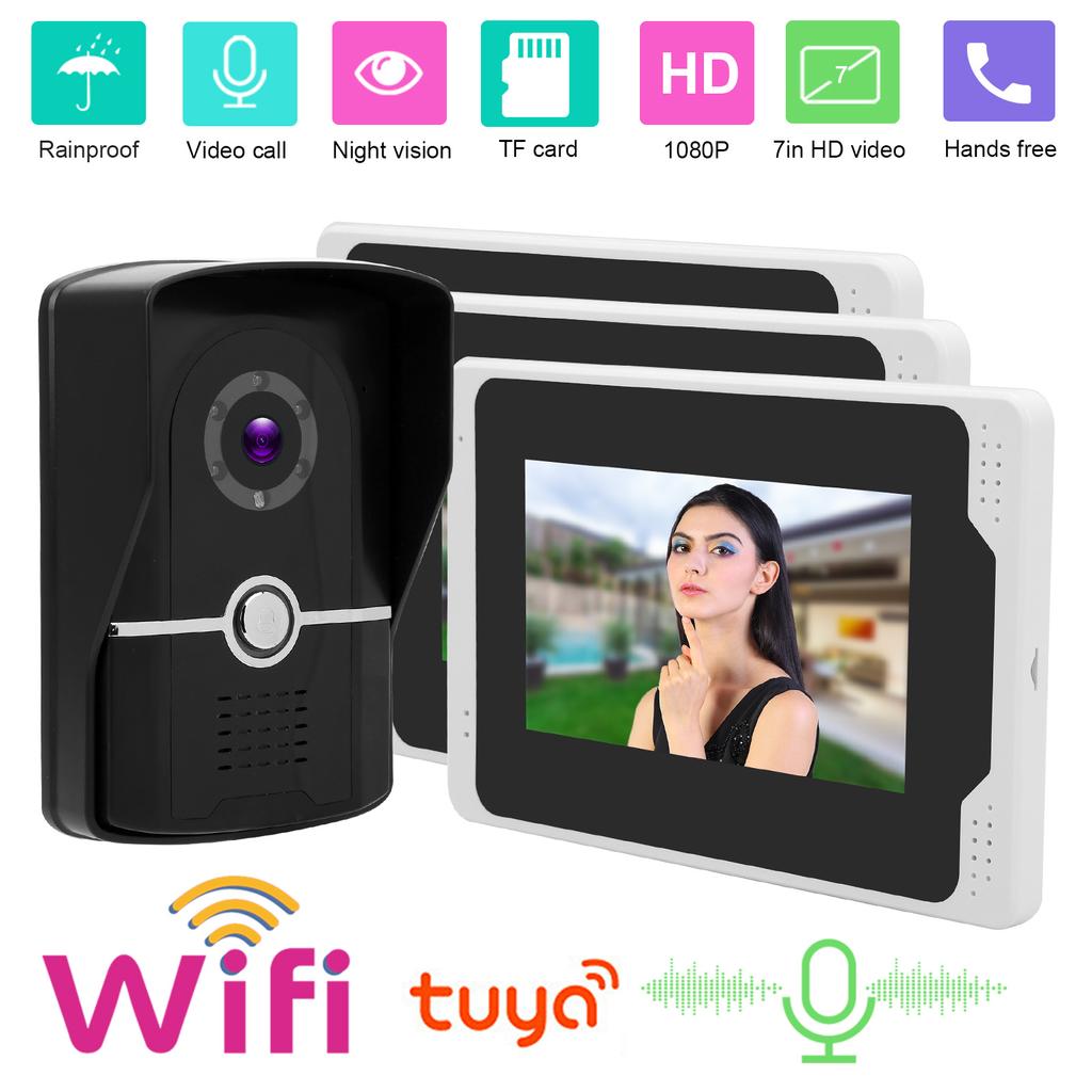 Wifi Video Doorphone 1080P HD 7in TFT LCD Display 3 Monitors Remote Monitoring 110 degrees  Night Vision