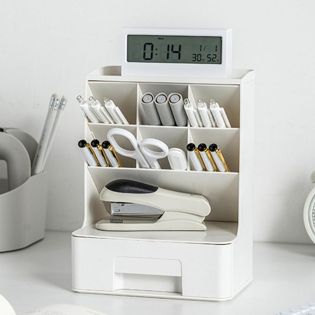 Desktop Storage Box Multi Compartments Pencil Sundry Holder with Drawer Plastic Stationery