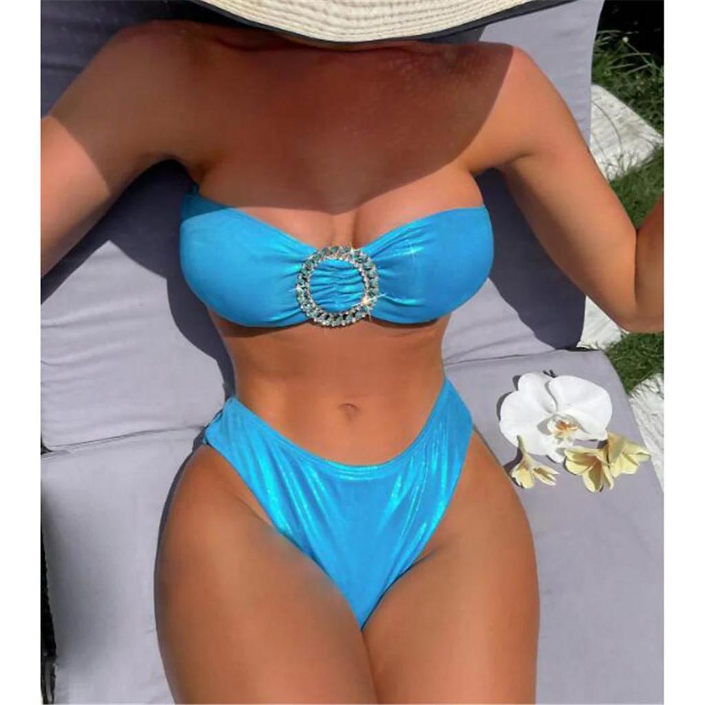 Diamond Rhinestones Bandeau Mid Waist Bikini Women Swimwear Female Swimsuit Two-pieces Bikini Set Bather Bathing Suit Swim