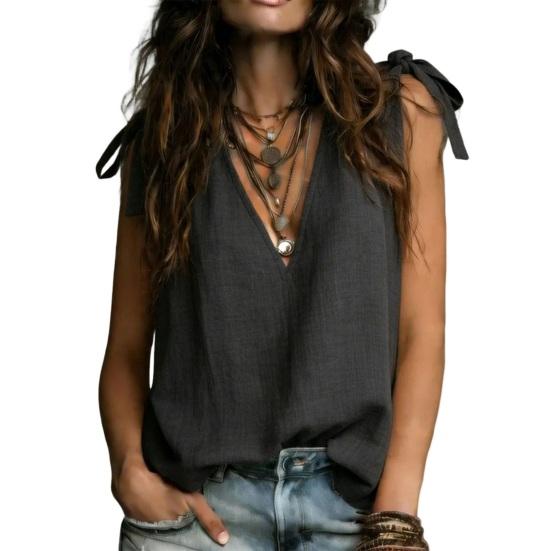 

Women Tops V-Neck Sleeveless Tie Detail Bohemian Lace-Up Tunic Shirt Solid Color Soft Fabric Casual Blouse S чёрный