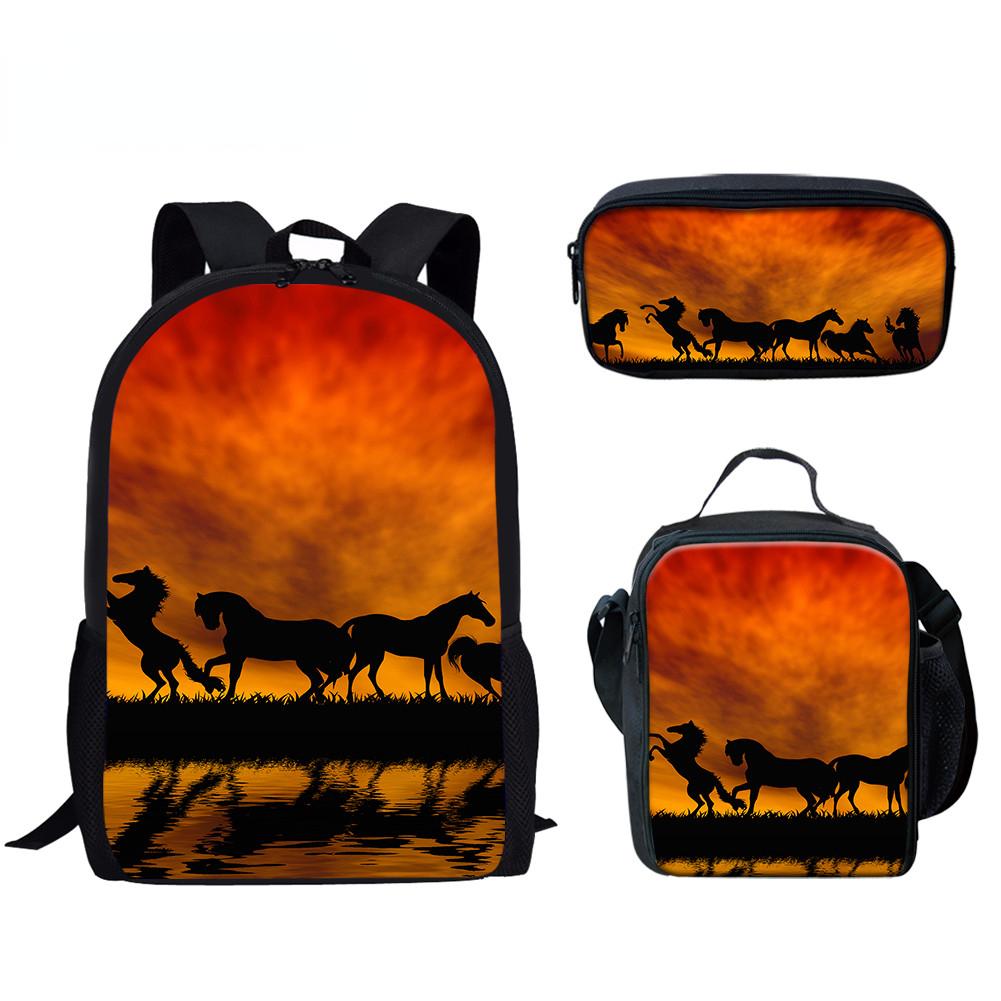Klassiek Populair Grappig Zwart Wit Paard 3D Print 3 stuks/Set leerling Schooltassen Laptop Dagrugzak Rugzak Lunchtas Etui