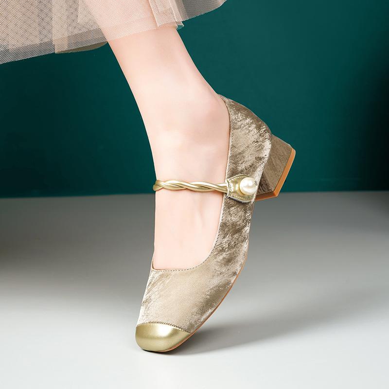Mary Jane square head single shoes with thick heels single shoes splicing single shoes female celebrity with cheongsam