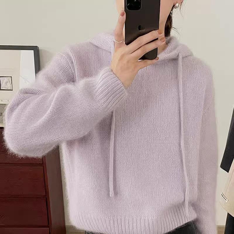 Women's Cashmere Hooded Sweater: Thickened, Drawstring, Loose, Short, 100% Wool Knitwear for Autumn/Winter.