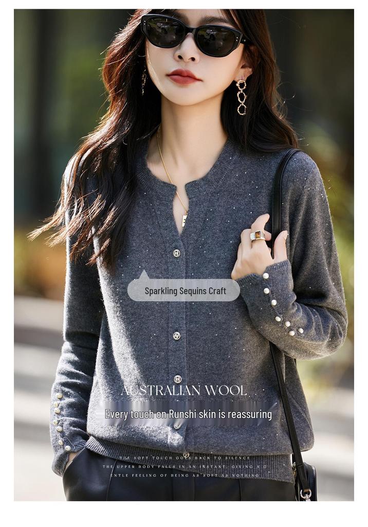2026 Red Wool Cardigan with Sequins Lurex, Women's Long Sleeve Knit Sweater