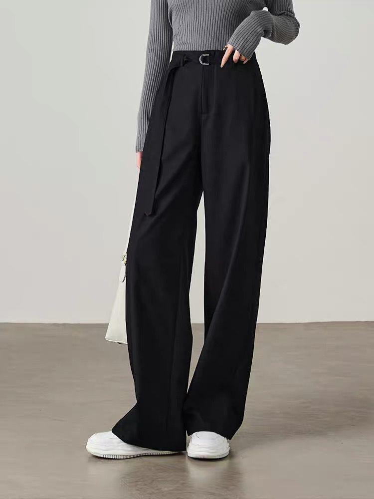 2026 Women's Black Cotton High-Waisted Wide-Leg Pants - Loose, Slimming, and Floor-Length for Spring and Autumn.