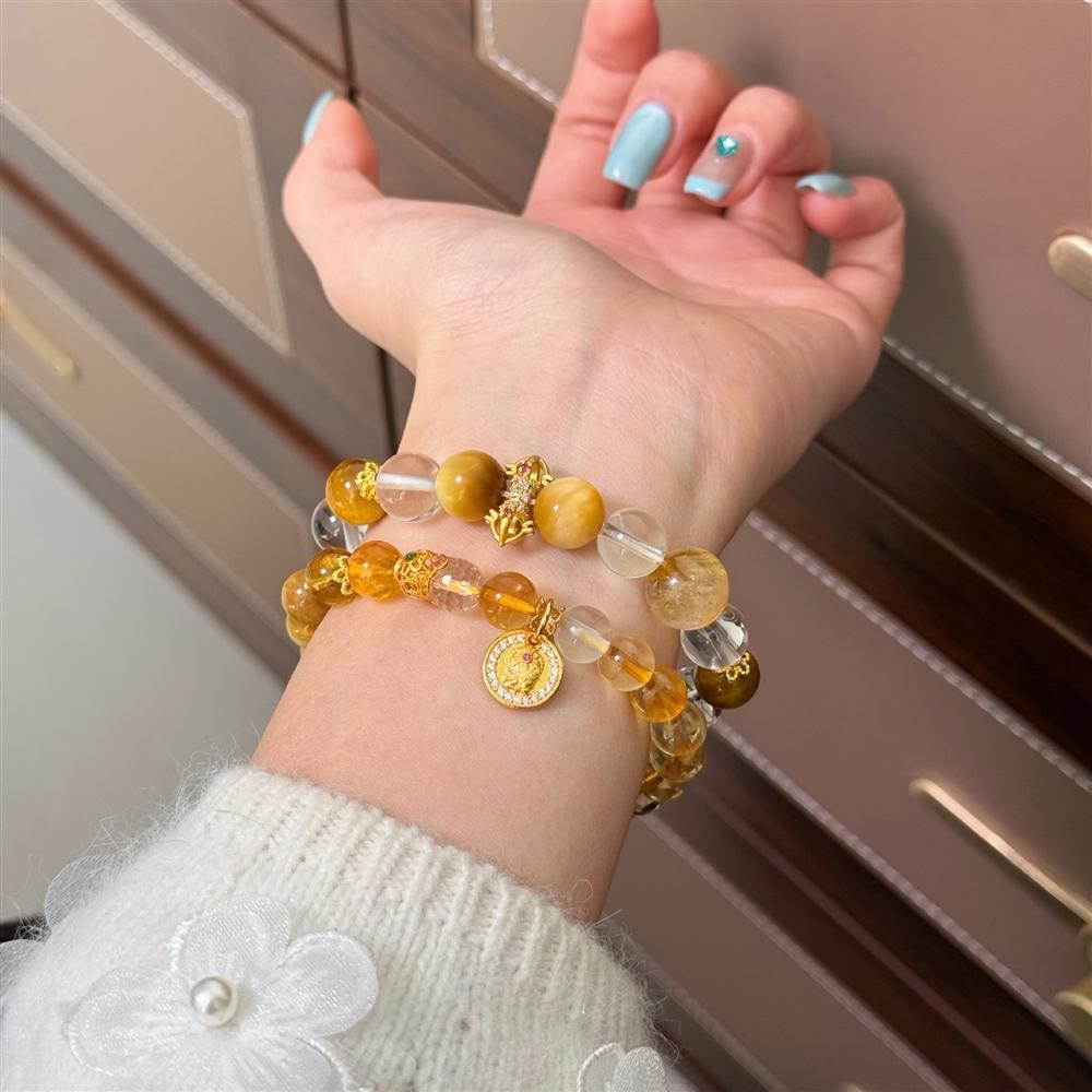 Exquisite Versatile Golden Tiger Eye & Clear Crystal Vajra Pestle Beaded Bracelet, Light Luxury High-End Hand Jewelry