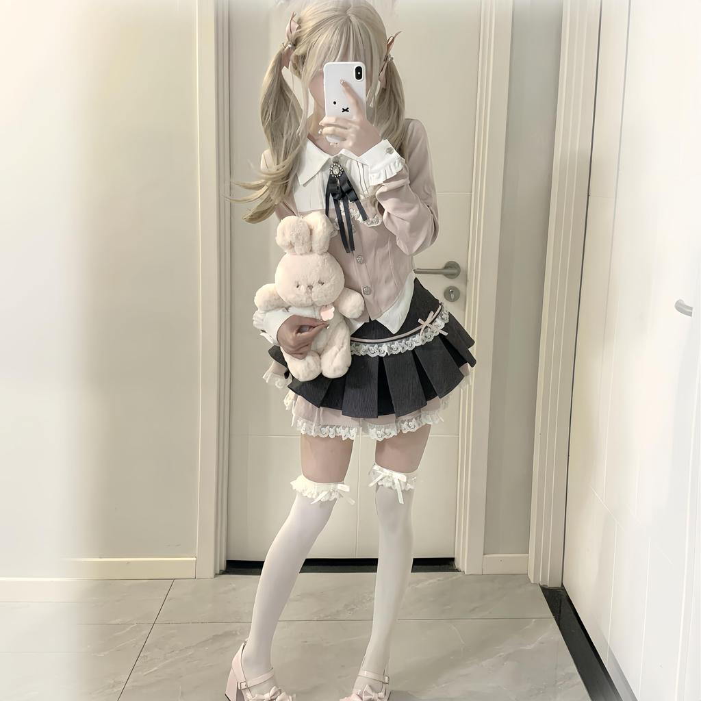 Ligwon Gothic Lolita JK Uniform Set with Mini Pink and Harajuku Korean Christmas Women's Skirt, Gray, Style, Style, Spring, Summer, Autumn, Halloween,