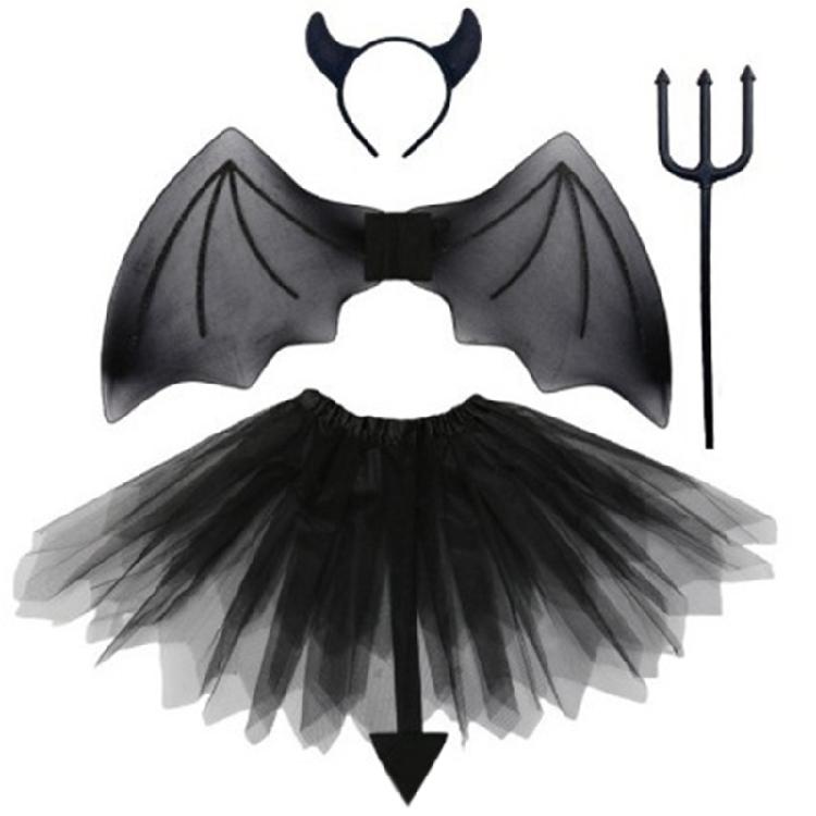 Halloween Rainbow Costume Set Devil Cosplay Costume Accessories for Kids Girl, Including Headband, Wing, Skirt, and Wand