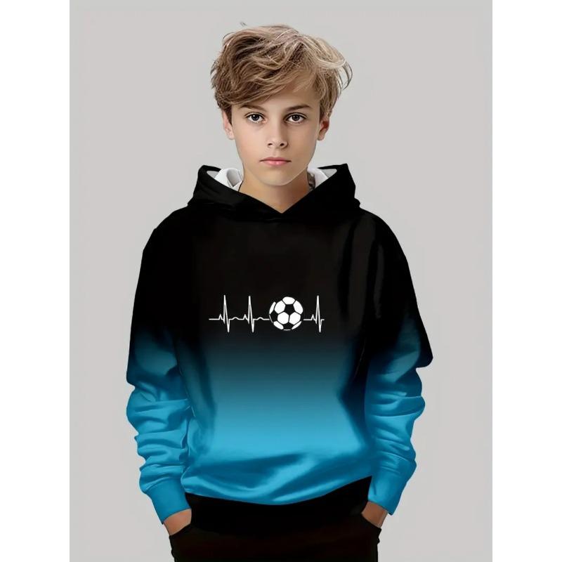 Boys' 3D Soccer Ball Harajuku Print Hoodie Casual Polyester Long Sleeve, Slight Stretch, Hooded Outdoors Sweatshirt for Running
