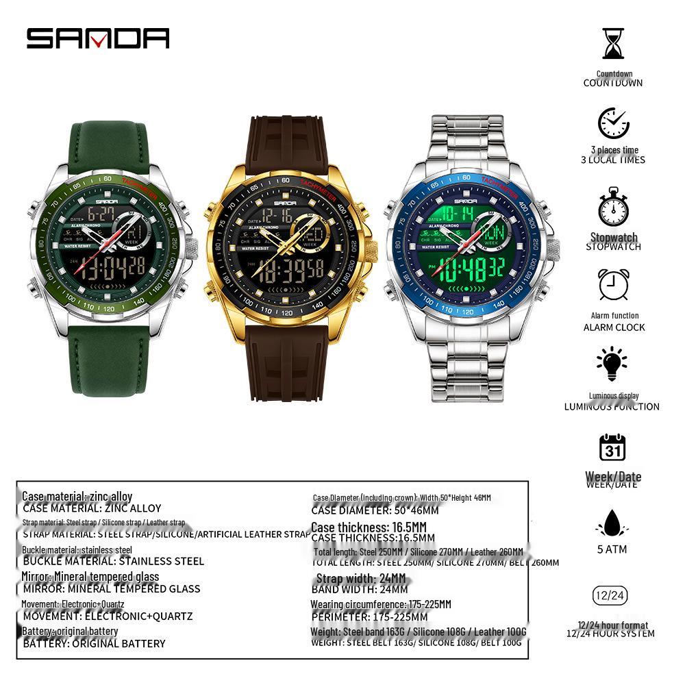 Sanda 6318 Men's Multi-Function Outdoor Sports Watch with Three-City Time, Countdown, and Waterproof Features