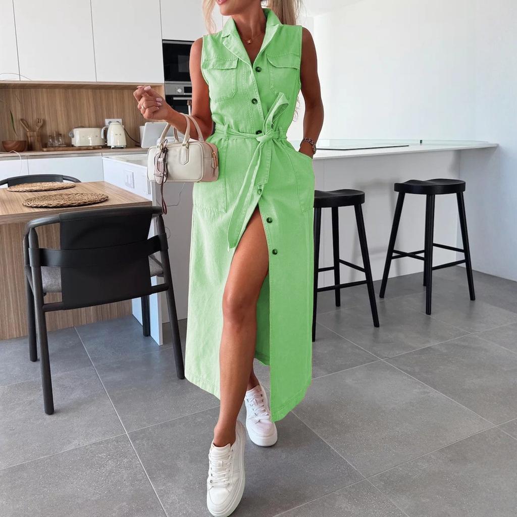 Ladies' Casual And Fashionable Sleeveless Waist Cinched Single Breasted Denim Dress