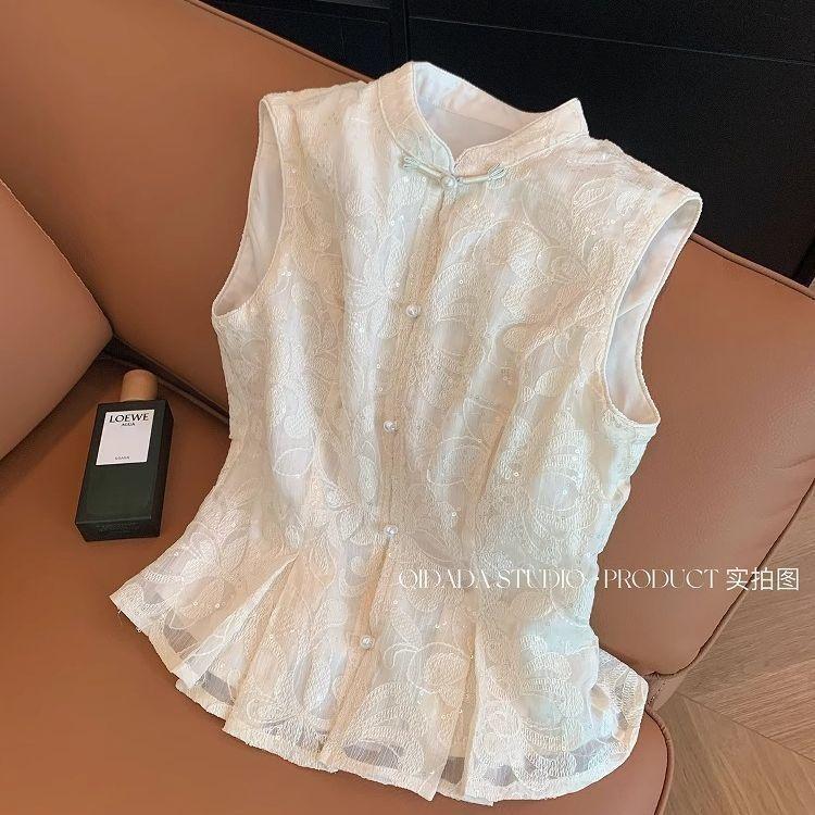 

2025 Универсальный однотонный жилет со стойкой воротником, кружевной топ, летний жилет, лето 3XL [recommended 138-75 kg]