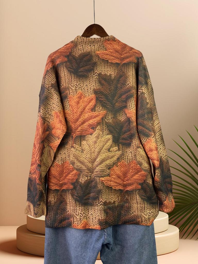 Autumn Women's Maple Leaf 3D Print Round Neck Sweater - Comfortable Long Sleeve Loose Fit Knitwear
