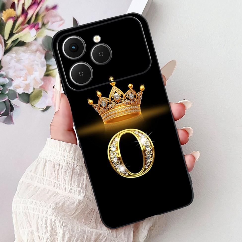 For Tecno Spark 40 Case Black Silicone Luxury A-Z Letters Fashion Flowers Crown Shockproof Cover For Techno Spark 40 Phone Case