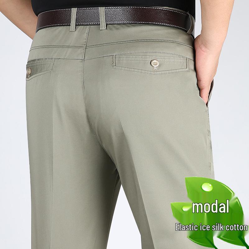 Men's High Waist Tencel Ice Silk Cotton Pants: Spring/Summer Casual, Straight-Leg, Non-Iron, Loose Fit.
