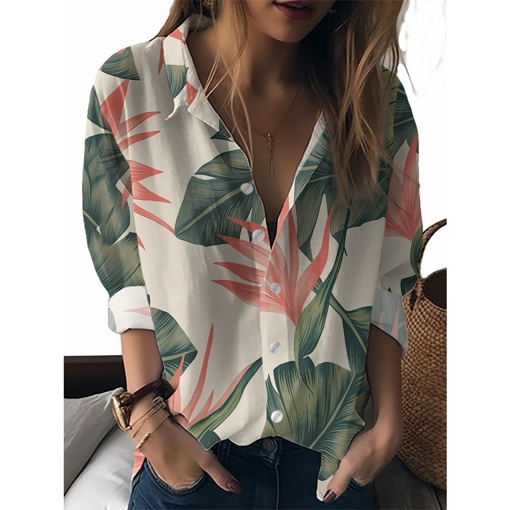 Sommer Minimalistisches Hemd mit Digitalem Blumenprint Knopfleistenhemd Oberteil für Damen Hawaiianischer Strandurlaub Lässiges Hemd