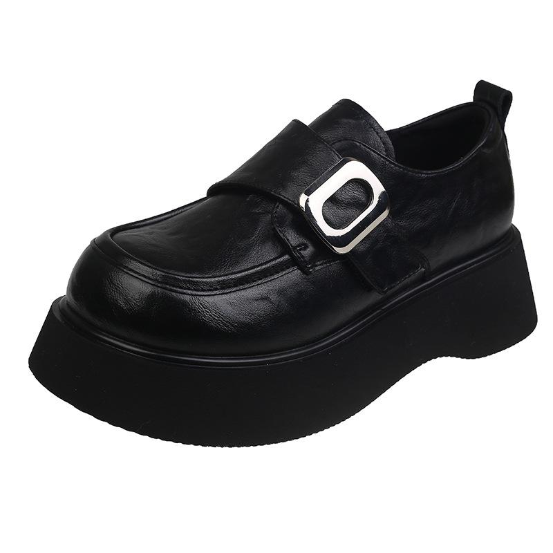 Platform leather loafers spring shallow mouth single shoes women's 2025 new women's shoes heightening black British style small leather shoes