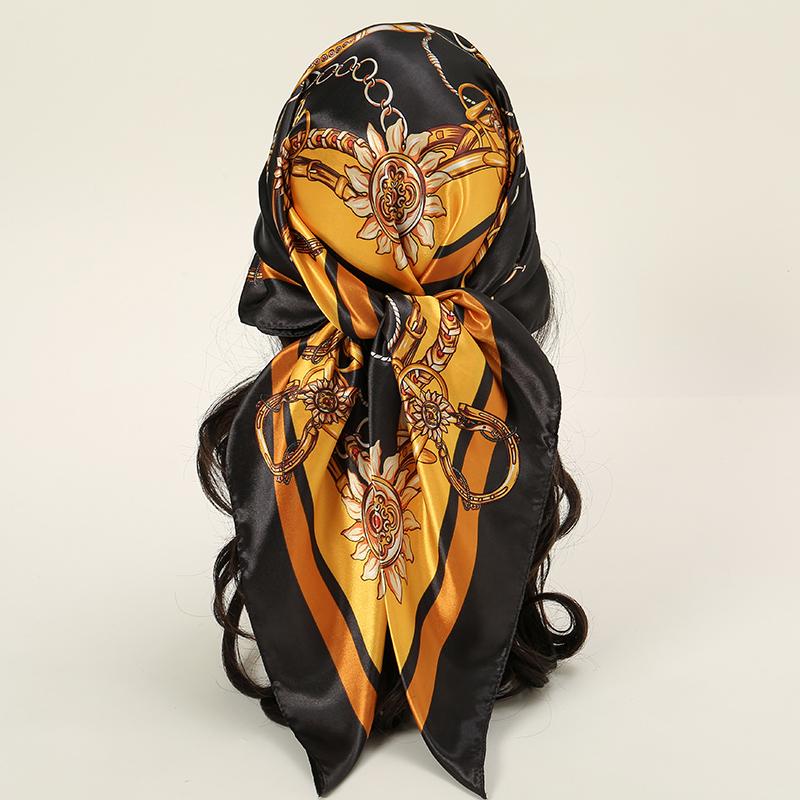 Satin Square Scarf Women Muslim Hijab Elegant  Print Silk Neckerchief Shawl Wraps Headband Handle Hair Accessories Bandana