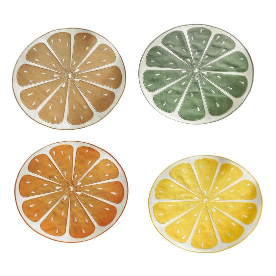 Lemon Slice Placemat Linen Heat Insulation Dining Mat Embroidered Round Orange Washable Placemat for Dining Table Decoration Protection