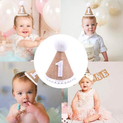 Chapeau d'anniversaire avec boule à pompons, élastique tressé, sans déformation, applications larges, décoration légère, chapeau de fête d'anniversaire pour nouveau-né, pour enfants