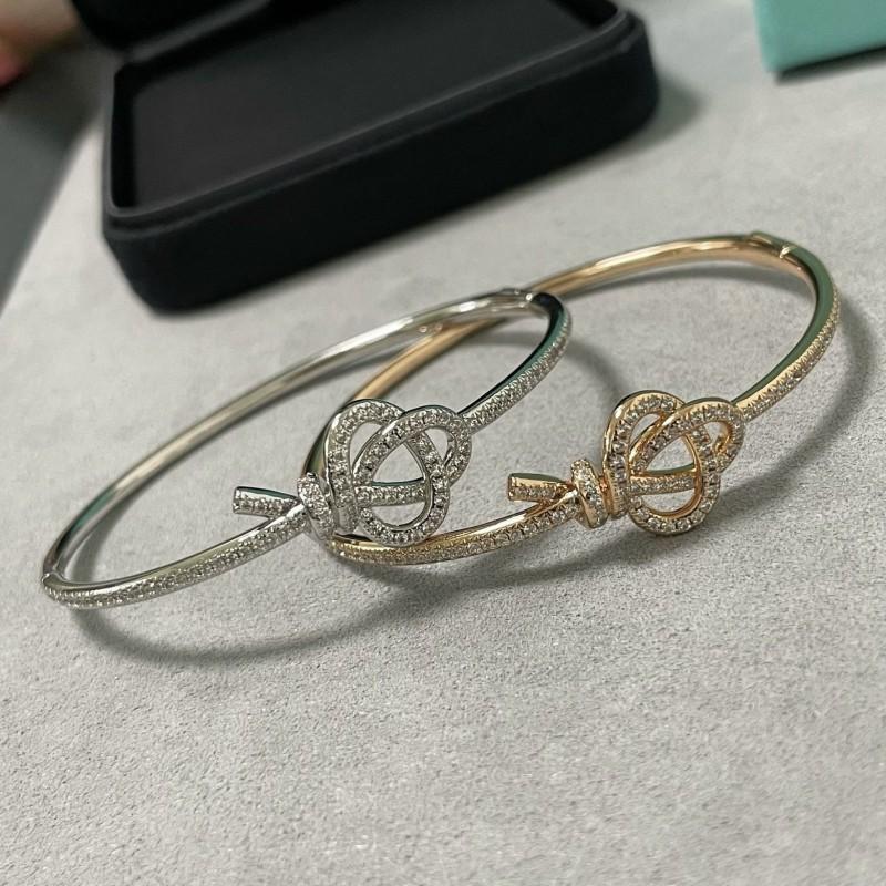 Stainless Steel V-Gold Plated Key Charm Knot Bracelet With Full Rhinestone Embellishment Handcrafted Hollow Design Women