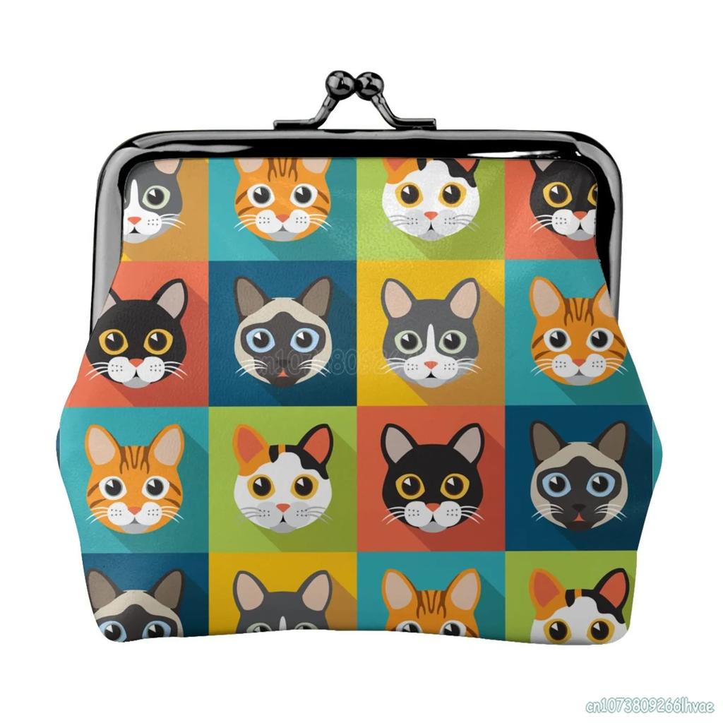 Cute Cartoon Cats Women's Leather Coin Purse Small Change Pouch with Kiss-Lock Clasp Closure Buckle Wallet for Girl Gift