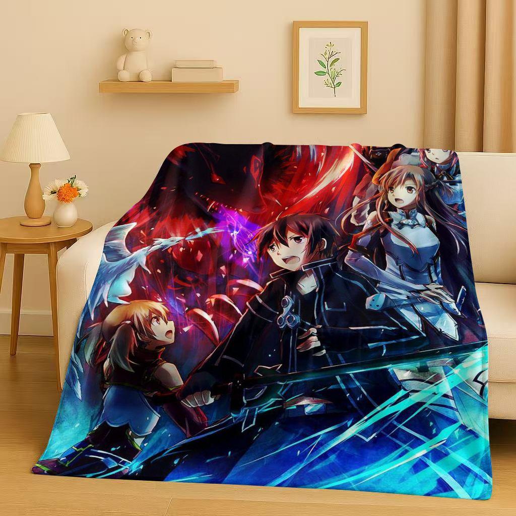 New Sword Art Online SAO Cartoon Kirito Yuuki Asuna Flannel Blanket,Ultra Soft Warm Plush Throw for Home Bedroom Bed Sofa Kids