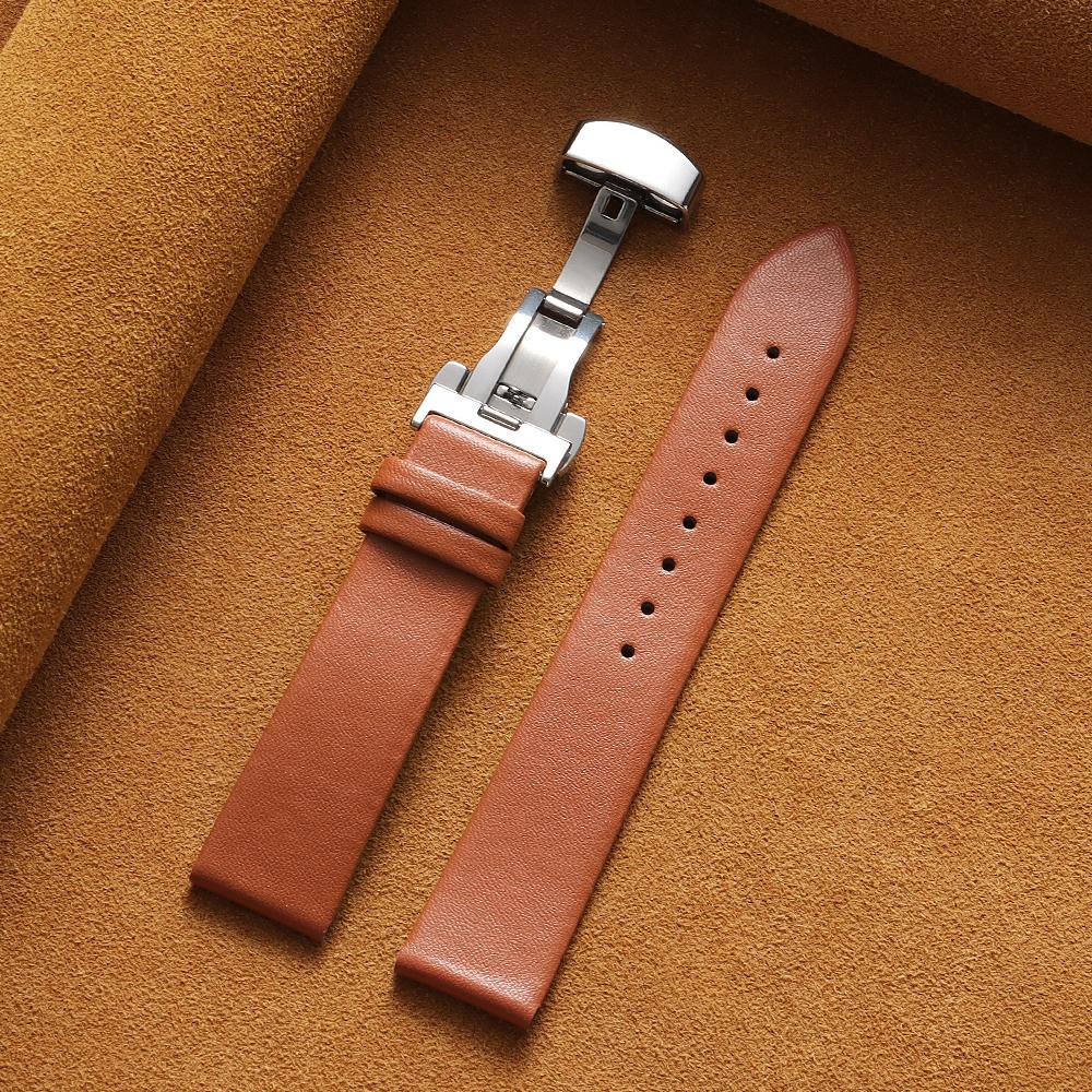 Ultra-Thin Genuine Leather Watch Band 12/14/16/17/18/19/20/21/22mm Soft Cowhide Strap Butterfly Buckle for Man Women Watchband