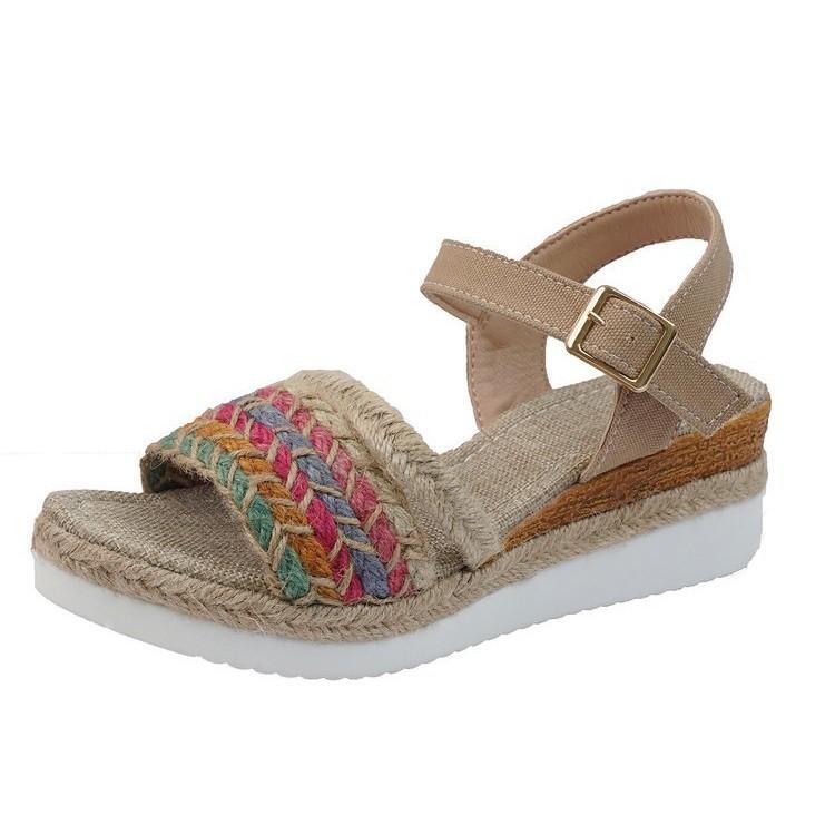 Large size linen sole wedge heel fish mouth word with beach sandals summer ethnic style women's shoes