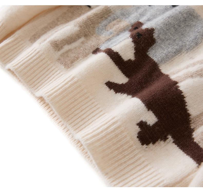 Autumn/Winter Unisex Kids' Pure Wool Round Neck Pullover with Cartoon Animal Embroidery