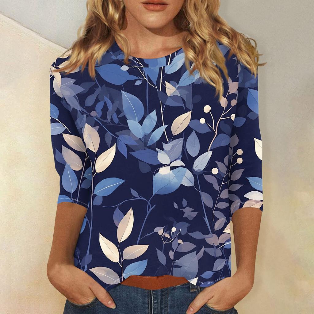 Women's Casual Loose Printed Round Neck Top With Three Quarter Sleeves T Shirt Top