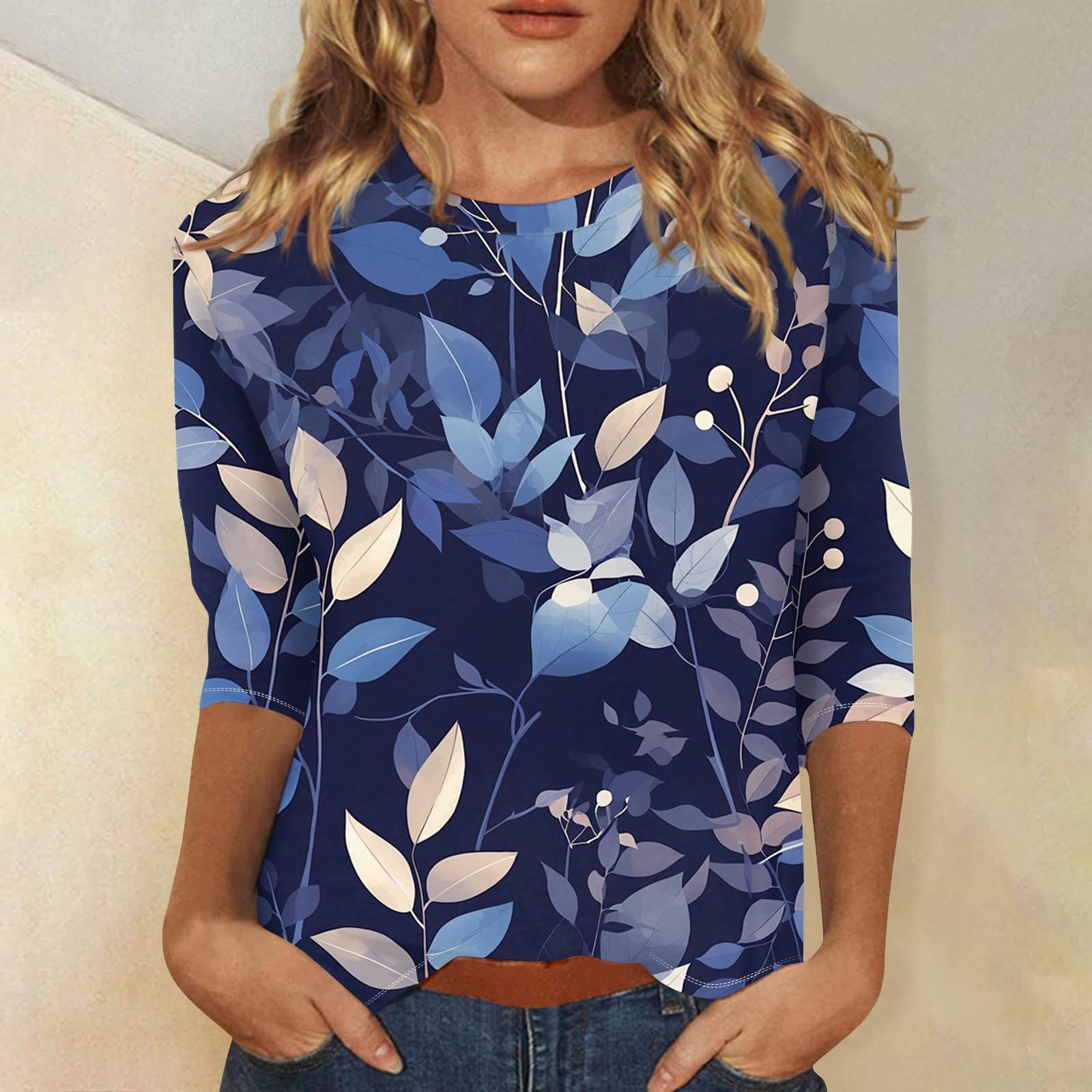 

Women s Casual Loose Printed Round Neck Top With Three Quarter Sleeves T Shirt Top M синій