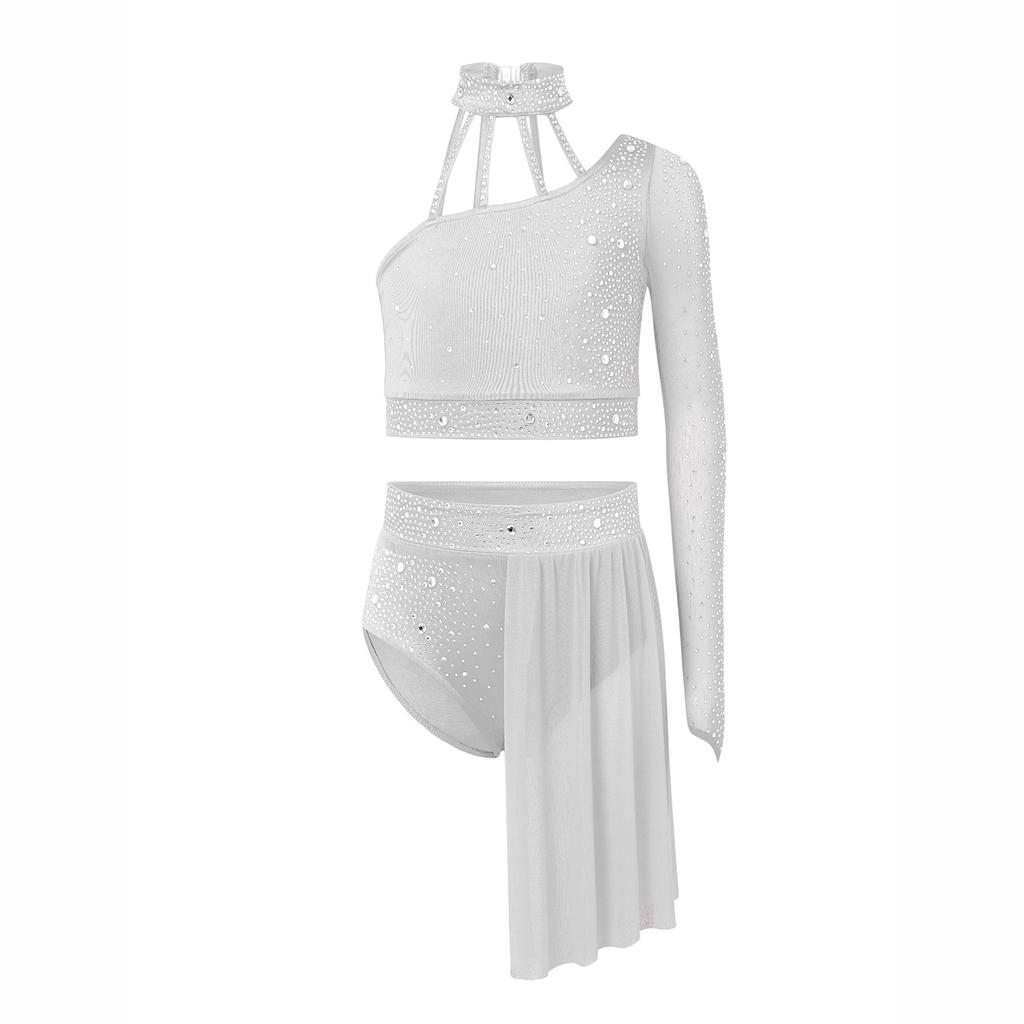 Girls Contemporary Dance Outfit One Shoulder Sheer Mesh Long Sleeve Rhinestone Crop Top with Irregular Skirt