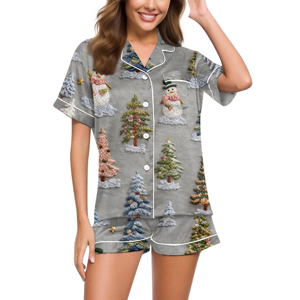 Dammode Lös Casual Topp Shorts Tvådelad Set Jul Tryckt Pyjamas Set