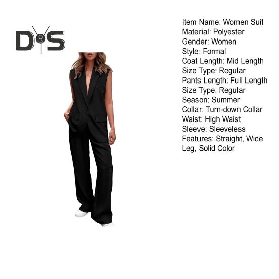 2 Pcs/Set Women Coat Pants Set Lapel Single Button Mid Length Cardigan Sleeveless Jacket Wide Leg High Waist Straight Trousers Lady Formal Commute