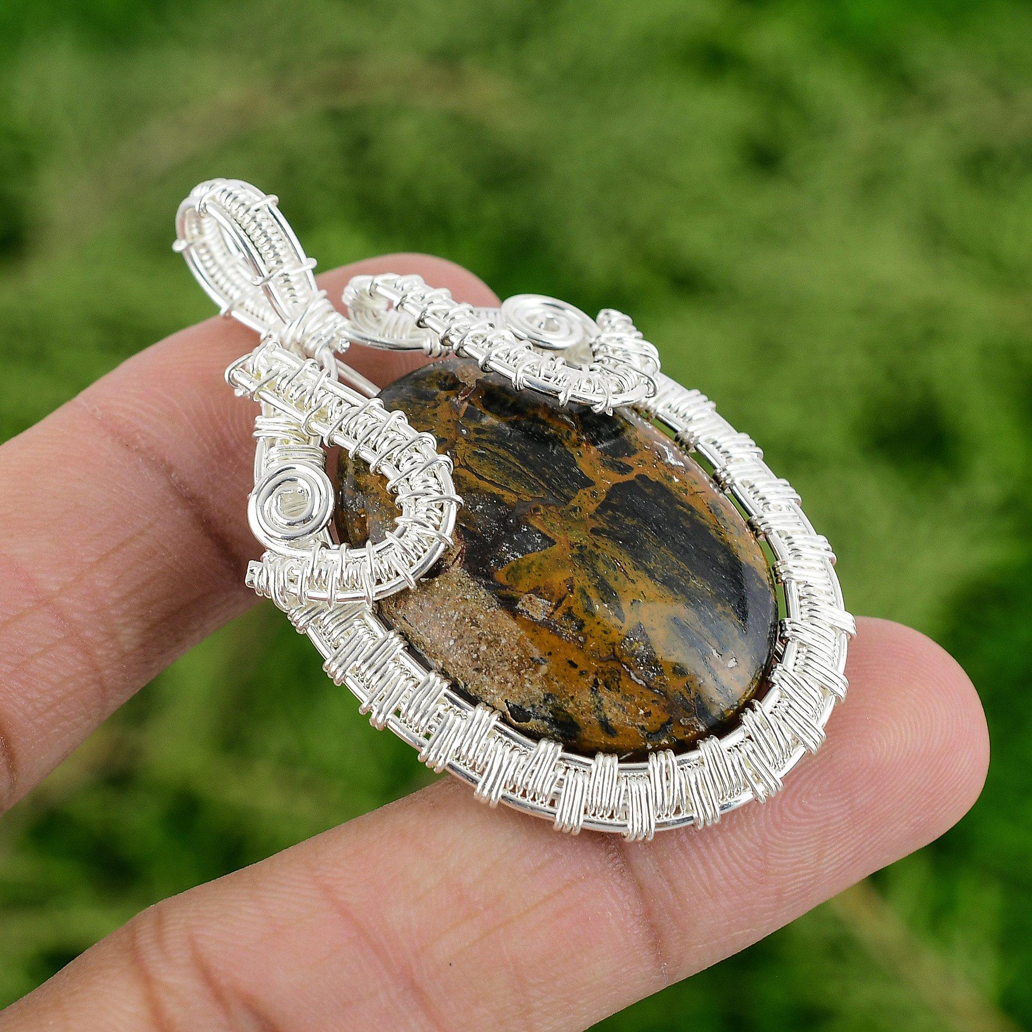 

Daughters Day Sale Sterling Silver Golden Pietersite Stone Wire Wrapped Pendant