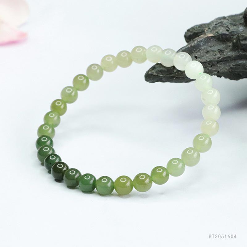 Hetian Jade Gradient Green Bracelet - Clear Water Round Beads for Women, Single Circle DIY Millimeter Beads.