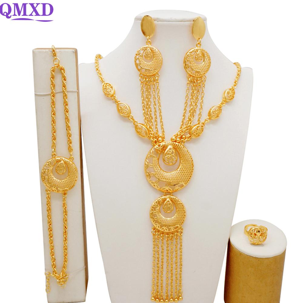 Set de bijuterii de culoare aurie din Dubai indian pentru femei Set de colier lung de mireasă, colier nigerian, bratara, cercei, seturi de inele